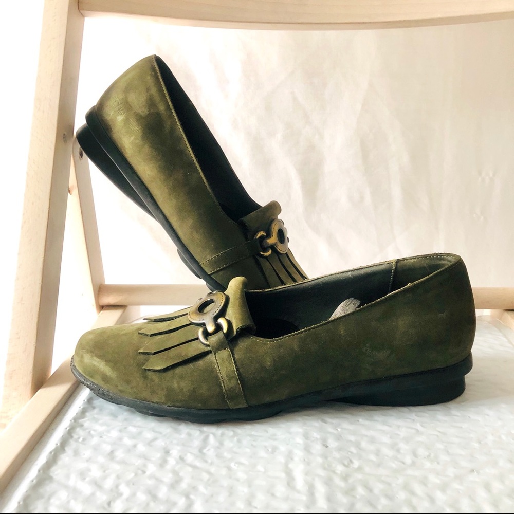 Arche Olive Green Suede Fringe Loafers with Brass Bit